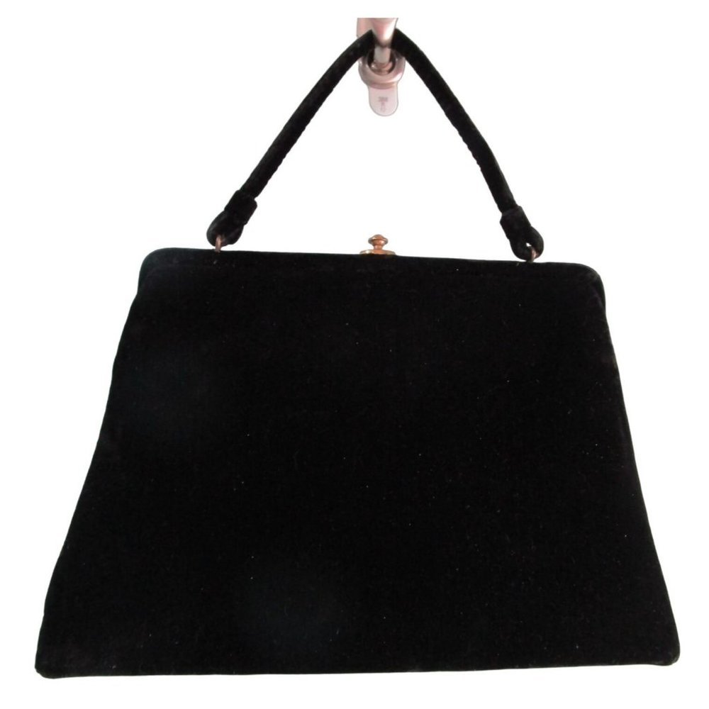 Vintage Soure Bag Beaded Velvet Framed Handbag. Jet Black Beads in a floral patt - Picture 3 of 16